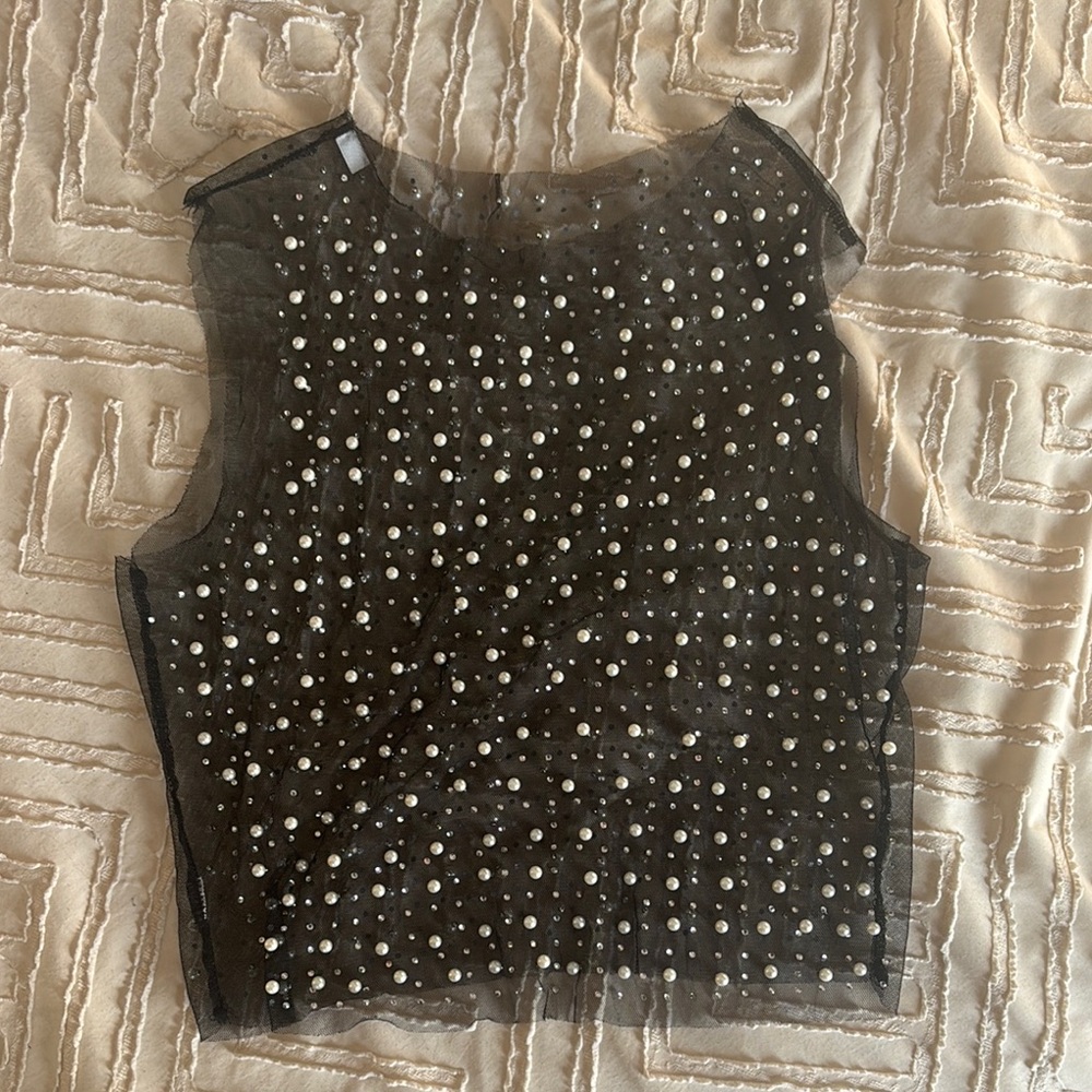 Black Mesh Embellished Crop Top